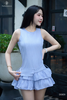 Set đầm kẻ 2 tầng xòe kèm túi