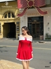 Đầm trễ vai tay dài phối trắng đính nơ
