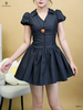 Đầm denim cổ V tay phồng