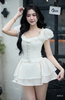 Đầm tơ cổ vuông 2 tầng mắt cáo