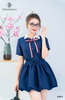 Set sơ mi xanh cổ sen trắng, cv bí kèm nơ