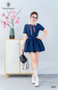 Set sơ mi xanh cổ sen trắng, cv bí kèm nơ