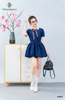 Set sơ mi xanh cổ sen trắng, cv bí kèm nơ