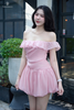 Đầm trễ vai viền bèo tùng xéo