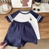 Bộ cotton gấu Kacady áo phông raglan phối kẻ 2 màu navy, ghi xám