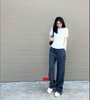 Quần jean denim xám khói cạp chun ống suông cho nữ