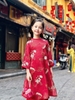 Áo dài voan ren BÉ màu đỏ thêu hoa quần nhung suông