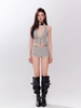 Bộ bơi Monokini màu be quần sooc họa tiết kẻ ngang
