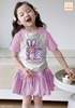 Bộ cotton cộc tay tím BABY THREE UNICORN hãng Jam&Jenny chân váy xòe đính nơ phối áo tay raglan tím-trắng