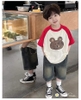 Bộ Hi.Sun áo raglan đỏ be in hình gấu mix quần jean đen lưng chun