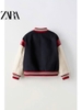Áo khoác nỉ bomber Zara thêu chữ R tông xanh đỏ phối tay da trắng