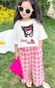 Bộ Kuromi Sofia Candy áo cộc tay trắng quần thô dài caro hồng