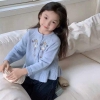 Áo khoác cardigan len xanh thêu hoa viền bèo vintage