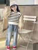 Áo sơ mi phối len kẻ ngang màu be style Hàn bé gái