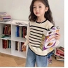Áo sơ mi phối len kẻ ngang màu be style Hàn bé gái