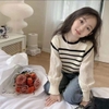 Áo sơ mi phối len kẻ ngang màu be style Hàn bé gái
