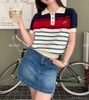 Áo Lacoste mongtogi cổ polo kẻ ngang 2 màu navy, hồng