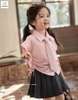 Set Melisa áo sơ mi hồng cà vạt mix chân váy xếp li kaki ghi