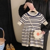 Váy len cộc tay cổ viền bèo style Hàn kẻ ngang navy trắng
