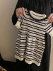Váy len cộc tay cổ viền bèo style Hàn kẻ ngang navy trắng