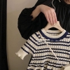 Váy len cộc tay cổ viền bèo style Hàn kẻ ngang navy trắng
