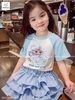 Bộ cotton cộc tay Melisa baby three chân váy bồng màu xanh dương-trắng