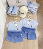 Bộ cotton GAP xanh dương ombre loang thêu gấu kèm MŨ lưỡi trai