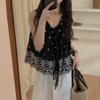 Bộ TOPSHOP áo sát nách hoa thị đen, quần suông be dài