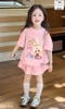 Bộ cotton hồng Baby Three Pony áo mix chân váy xếp ly hãng Elaine