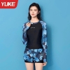 Bộ bơi nữ Yuke quần đùi dài tay BILEHAI màu đen hoa xanh