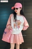 Bộ áo nỉ raglan dài tay Labubu mix chân váy xếp ly hồng hãng Luca&Luca