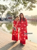 Áo dài voan ren MẸ màu đỏ thêu hoa quần nhung suông