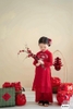 Áo dài BÉ thêu Hồ Điệp đỏ đính cườm chất tơ ánh
