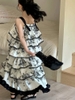 Váy maxi cao cấp 2 dây nhiều tầng họa tiết hoa đen trắng