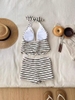 Bộ bơi Monokini màu be quần sooc họa tiết kẻ ngang
