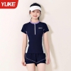 Bộ bơi cộc tay Beach Ylike quần sooc màu navy phối trắng tím bé gái