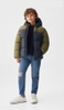 Áo khoác phao Mango mũ liền phối 2 màu xanh rêu-navy, cam-navy