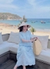 Bộ NaNa áo tay phồng chân váy maxi ren thô hoa dài màu xanh blue