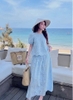 Bộ NaNa áo tay phồng chân váy maxi ren thô hoa dài màu xanh blue