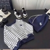 Bộ nỉ kẻ ngang navy xám thêu cún