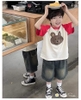 Bộ Hi.Sun áo raglan đỏ be in hình gấu mix quần jean đen lưng chun