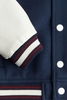 Áo khoác bomber CHICAGO H&M xanh navy phối tay da màu trắng