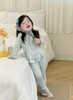 Set 2 bộ cotton dài tay đính nơ màu 2 màu xanh, hồng
