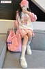 Bộ áo nỉ raglan dài tay Labubu mix chân váy xếp ly hồng hãng Luca&Luca
