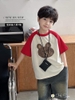 Bộ Hi.Sun áo raglan đỏ be in hình gấu mix quần jean đen lưng chun