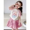 Bộ Baby Three mèo áo raglan trắng hồng mix chân váy nơ