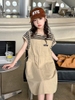 Váy yếm liền áo kẻ màu nâu bo eo size đại bé gái