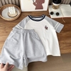 Bộ cotton gấu Kacady áo phông raglan phối kẻ 2 màu navy, ghi xám