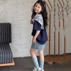 Áo phông cộc tay 3D cổ phối ren nơ màu navy size đại bé gái