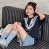 Áo phông cộc tay 3D cổ phối ren nơ màu navy size đại bé gái